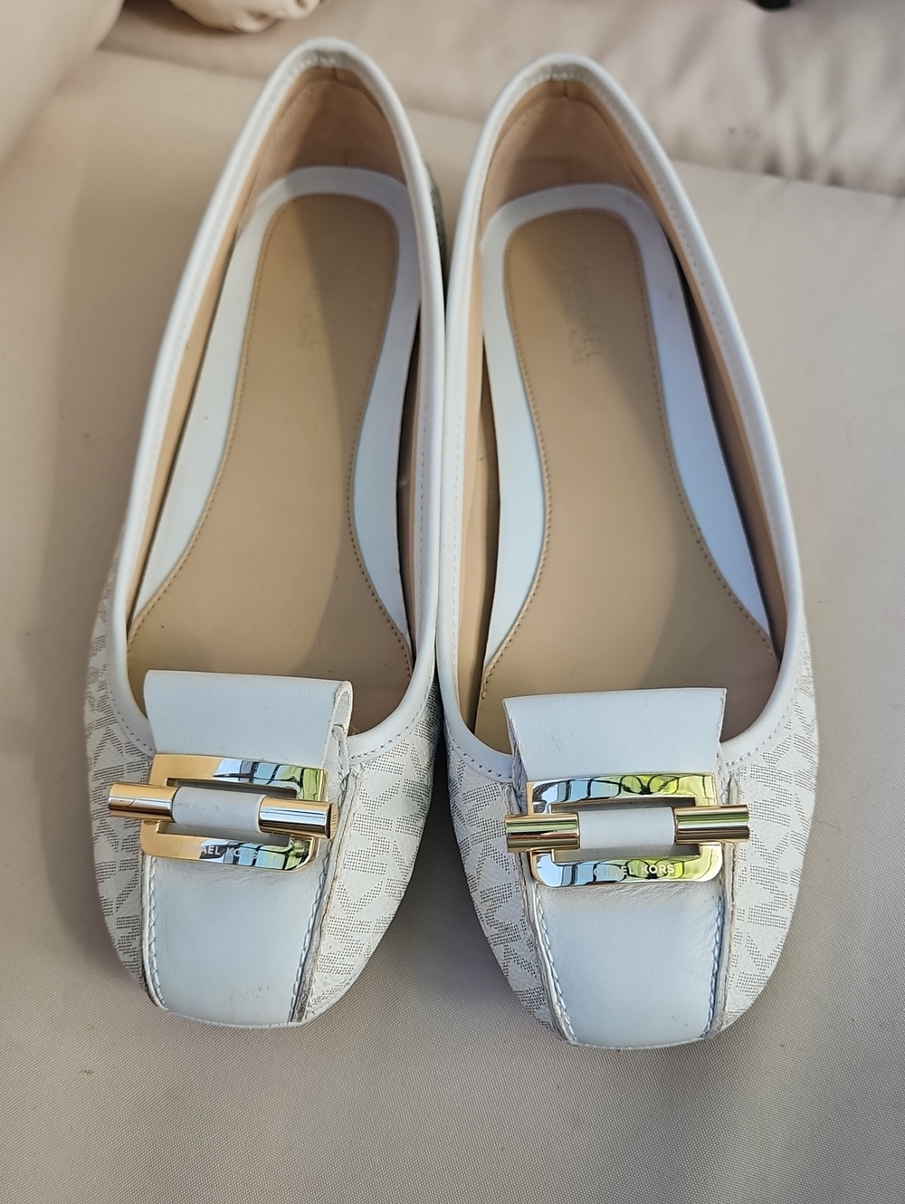 Michael Kors White Logo Loafers with Gold Buckle Detail